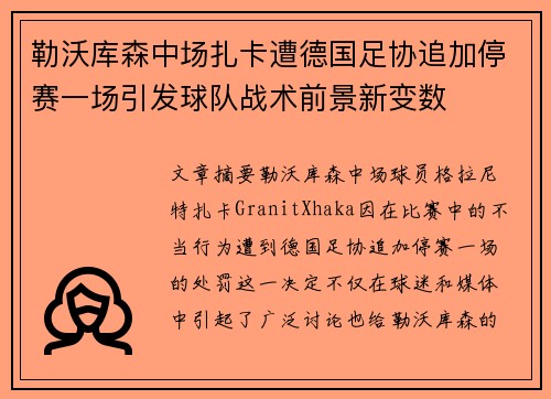 勒沃库森中场扎卡遭德国足协追加停赛一场引发球队战术前景新变数