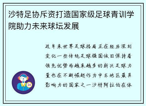 沙特足协斥资打造国家级足球青训学院助力未来球坛发展