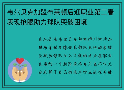 韦尔贝克加盟布莱顿后迎职业第二春表现抢眼助力球队突破困境