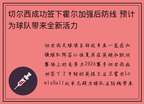 切尔西成功签下霍尔加强后防线 预计为球队带来全新活力